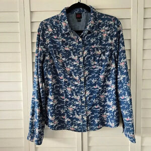 2B Bebe Floral Chambray Pearl Snap Shirt Women's‎ L Y2K Western Coastal Cowgirl